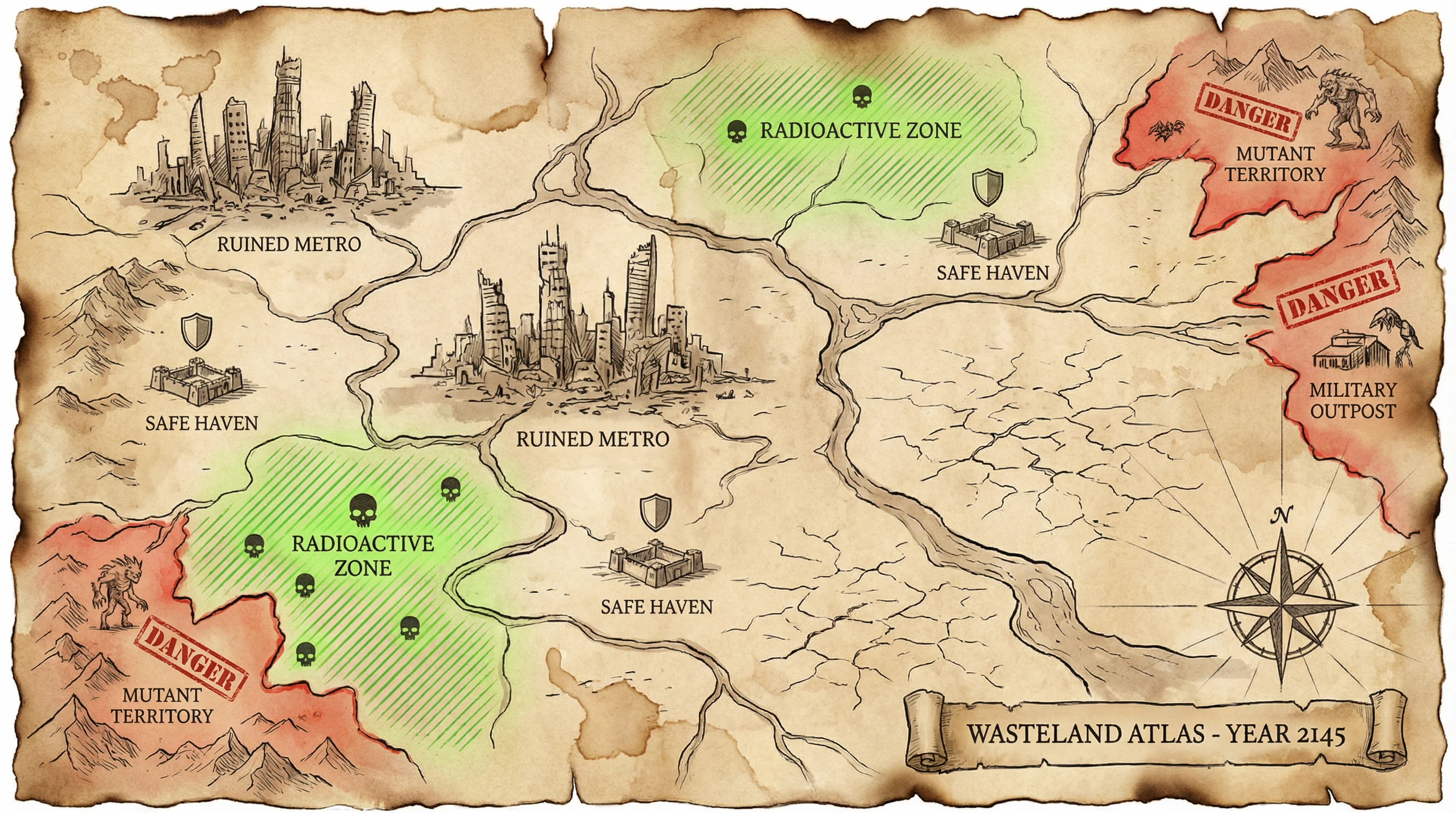 废土世界地图导览，标注了 fc电子 探索区域、安全屋和危险区